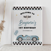 Retro Blue Race Car Fast One Birthday Welkom Poster