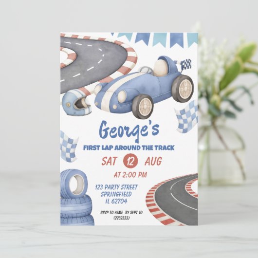 Retro Blue Racing verjaardag eerste ronde Kaart (Staand voorkant)