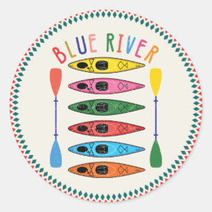 Retro Blue River Kayaking Ronde Sticker