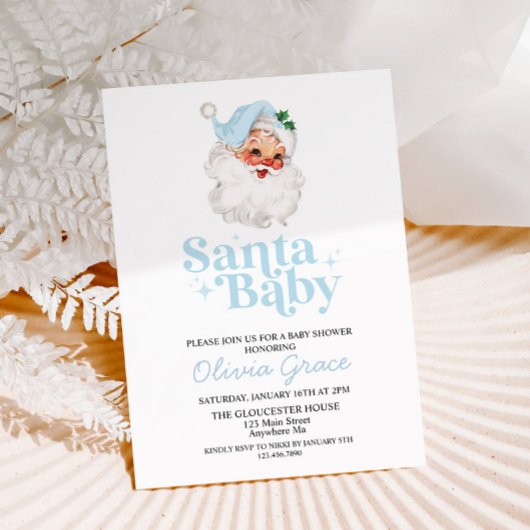 Retro Blue Santa Baby Holiday Baby shower Kaart