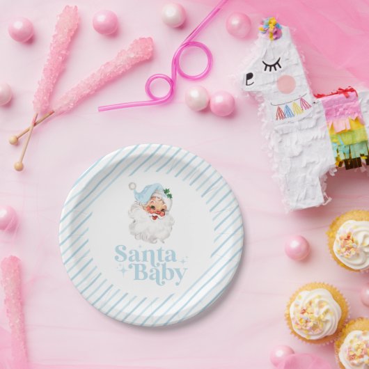 Retro Blue Santa Baby kerst baby shower Papieren Bordje (Feest)