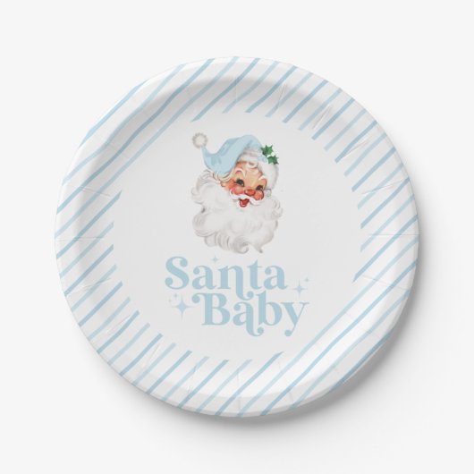 Retro Blue Santa Baby kerst baby shower Papieren Bordje (Voorkant)
