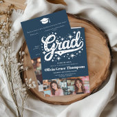 Retro Blue Script Sterren 3-foto Graduation Party Kaart