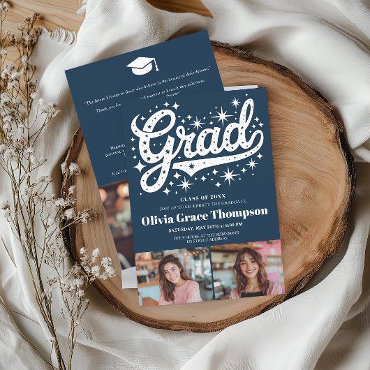 Retro Blue Script Sterren 3-foto Graduation Party Kaart