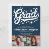 Retro Blue Script Sterren 3-foto Graduation Party Kaart (Voorkant)