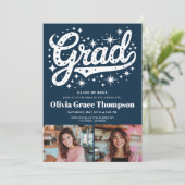 Retro Blue Script Sterren 3-foto Graduation Party Kaart (Staand voorkant)
