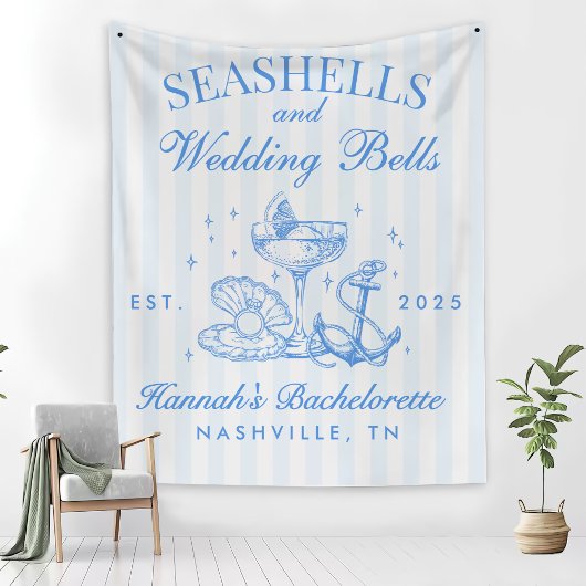 Retro Blue Seashells & Wedding Bells Bachelorette Fleece Deken