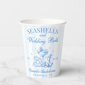 Retro Blue Seashells & Wedding Bells Bachelorette Papieren Bekers (Achterkant)