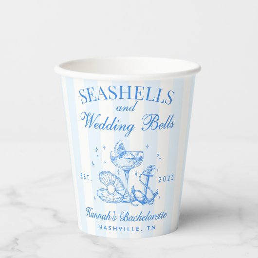 Retro Blue Seashells & Wedding Bells Bachelorette Papieren Bekers (Voorkant)
