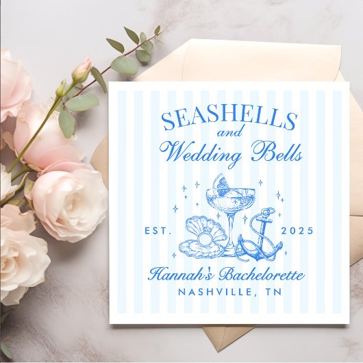 Retro Blue Seashells & Wedding Bells Bachelorette Servet