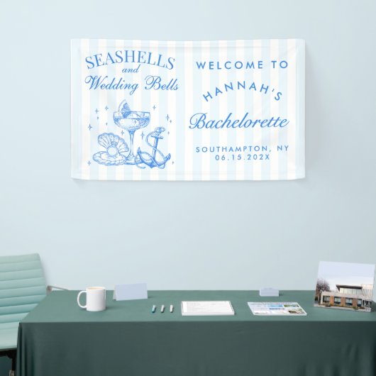 Retro Blue Seashells & Wedding Bells Bachelorette Spandoek (Beurs)