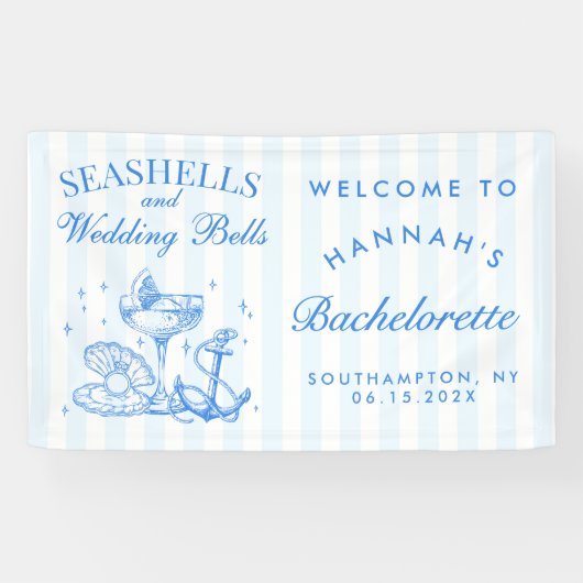 Retro Blue Seashells & Wedding Bells Bachelorette Spandoek (Horizontaal)