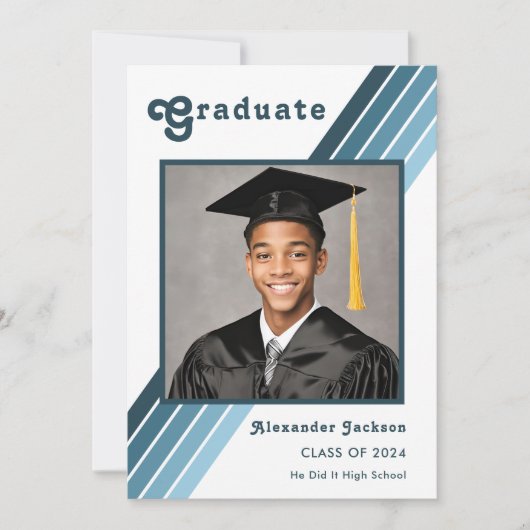 Retro Blue Stripe Afstudeerder Foto High School Aankondiging (Voorkant)