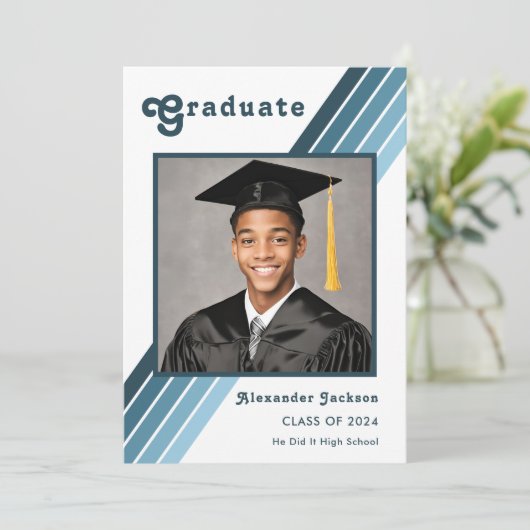 Retro Blue Stripe Afstudeerder Foto High School Aankondiging (Staand voorkant)