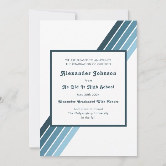 Retro Blue Stripe Afstudeerder Foto High School Aankondiging (Achterkant)