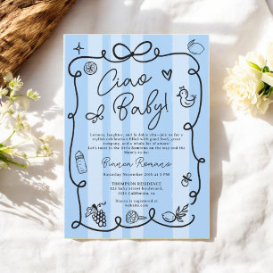 Retro Blue Stripes Ciao Baby shower met Italiaans  Kaart