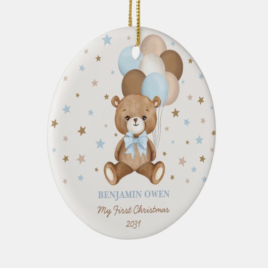Retro Blue Teddybeer ballonnen Baby 1e Kerstmis Keramisch Ornament (Rechts)