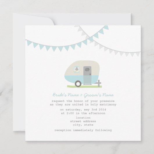 Retro Blue Trailer Wedding Invite Kaart (Voorkant)