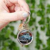 Retro Blue Truck Travel Round Keychain (Hand)