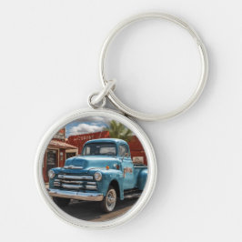 Retro Blue Truck Travel Round Keychain