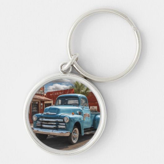 Retro Blue Truck Travel Round Keychain (Voorkant)