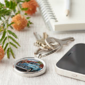 Retro Blue Truck Travel Round Keychain (Zijkant)