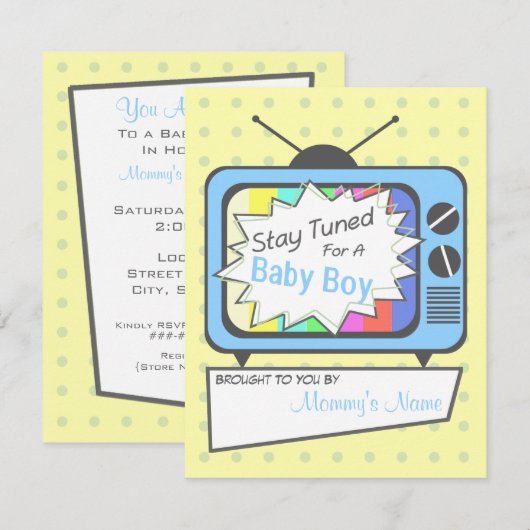 Retro Blue TV Set Baby shower Uitnodiging (Voorkant / Achterkant)