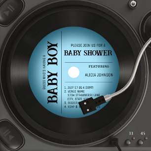 Retro Blue Vignette Vinyl Record Boy Baby shower Kaart