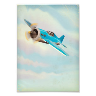 Retro Blue-vliegtuig Foto Afdruk