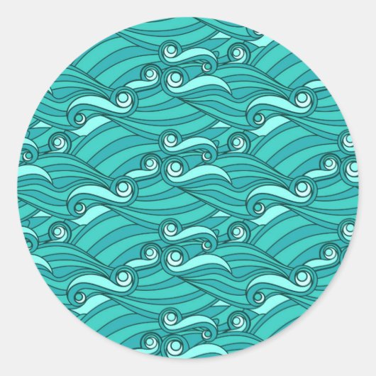 Retro blue waves doedle surf art ronde sticker (Voorkant)
