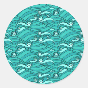 Retro blue waves doedle surf art ronde sticker