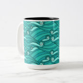 Retro blue waves doedle surf art tweekleurige koffiemok (Voorkant links)