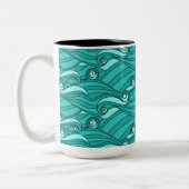 Retro blue waves doedle surf art tweekleurige koffiemok (Links)