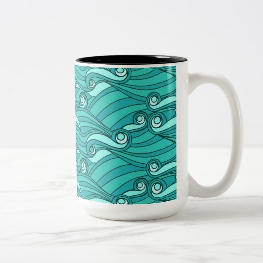 Retro blue waves doedle surf art tweekleurige koffiemok (Rechts)