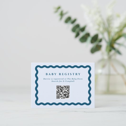 Retro Blue Wavy Lijst Baby Registry QR Code Informatiekaartje (Staand voorkant)