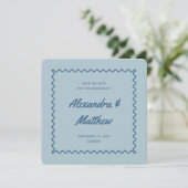 Retro  Blue Wavy Lijst Wedding Save The Date (Staand voorkant)