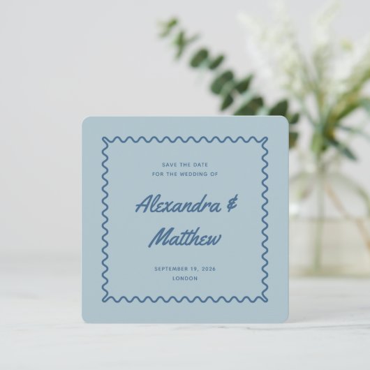 Retro  Blue Wavy Lijst Wedding Save The Date (Staand voorkant)