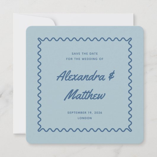 Retro  Blue Wavy Lijst Wedding Save The Date (Voorkant)