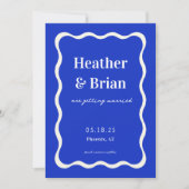 Retro Blue Wavy Squiggle Photo Weddenschap Save The Date (Voorkant)