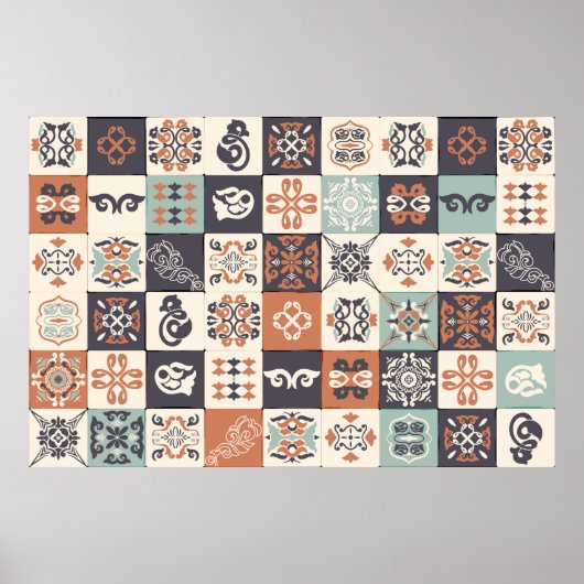 Retro Blue, white en oranje Azulejos Pattern Lisb Poster (Voorkant)