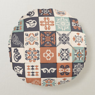 Retro Blue, white en oranje Azulejos Pattern Lisb Rond Kussen