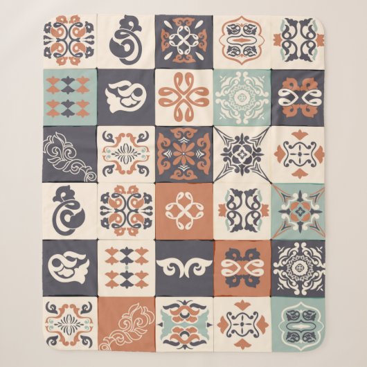 Retro Blue, white en oranje Azulejos Pattern Lisb Sherpa Deken (Voorkant)