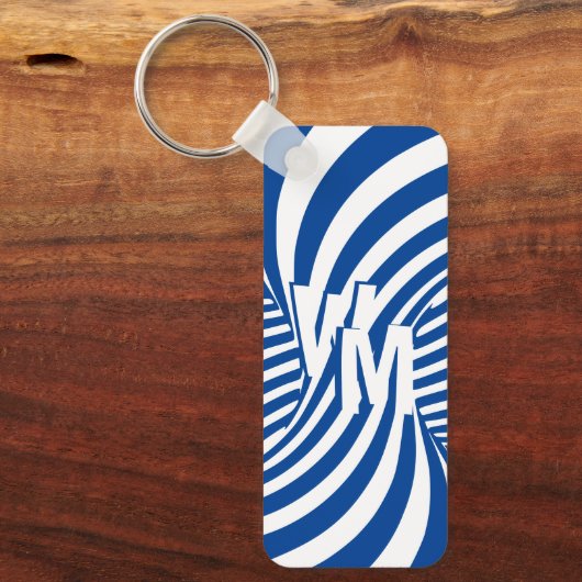 Retro Blue White Psychedelic Spiral Monogrammed Ke Sleutelhanger (Voorkant)