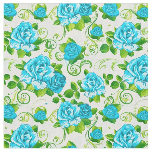 Retro Blue & White Roses Floral Pattern 2 Fabric Stof (Close Up)