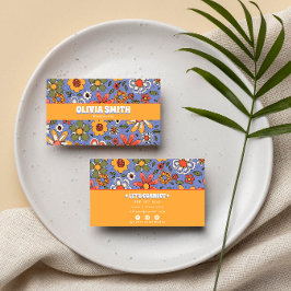 Retro Blue Yellow Boho Groovy Floral 70s Trendy Visitekaartje