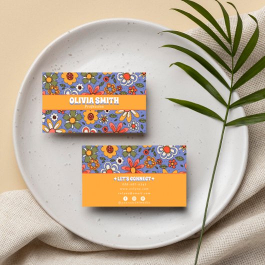 Retro Blue Yellow Boho Groovy Floral 70s Trendy Visitekaartje