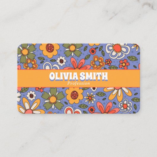 Retro Blue Yellow Boho Groovy Floral 70s Trendy Visitekaartje (Voorkant)