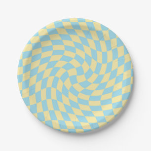 Retro Blue Yellow Checkerboard met gekette kassa Papieren Bordje