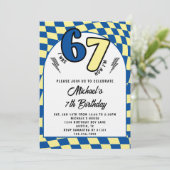 Retro Blue Yellow Checkered 6 7 Boy 7th Birthday  Kaart (Staand voorkant)