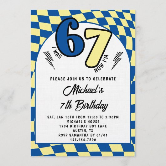 Retro Blue Yellow Checkered 6 7 Boy 7th Birthday  Kaart (Voorkant)